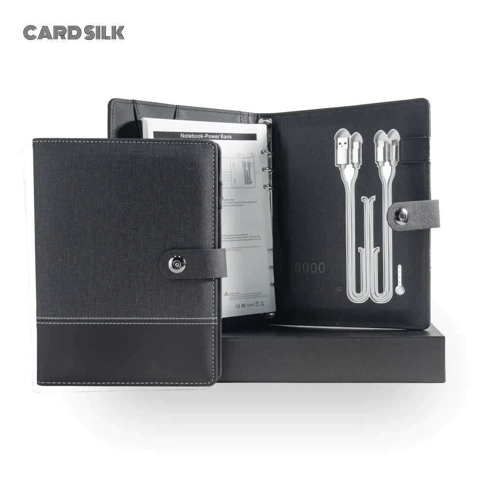 A5 Charging Notebook with Linen and Leather Cover, 3-in-1 Cable, Card Slots, Document Pocket and Premium Paper for Business Trav