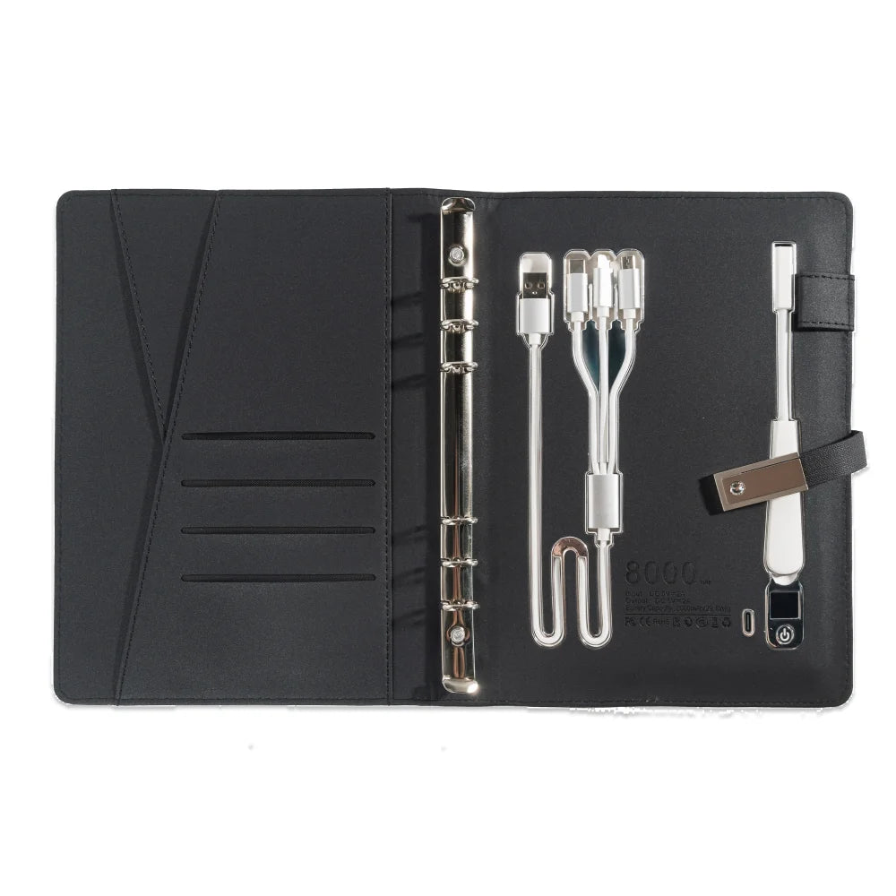 A5 Notebook with built-in Power Bank, wireless Charging, 3-in-1 charging cable, Table light, USB drive.  Journal for Office.
