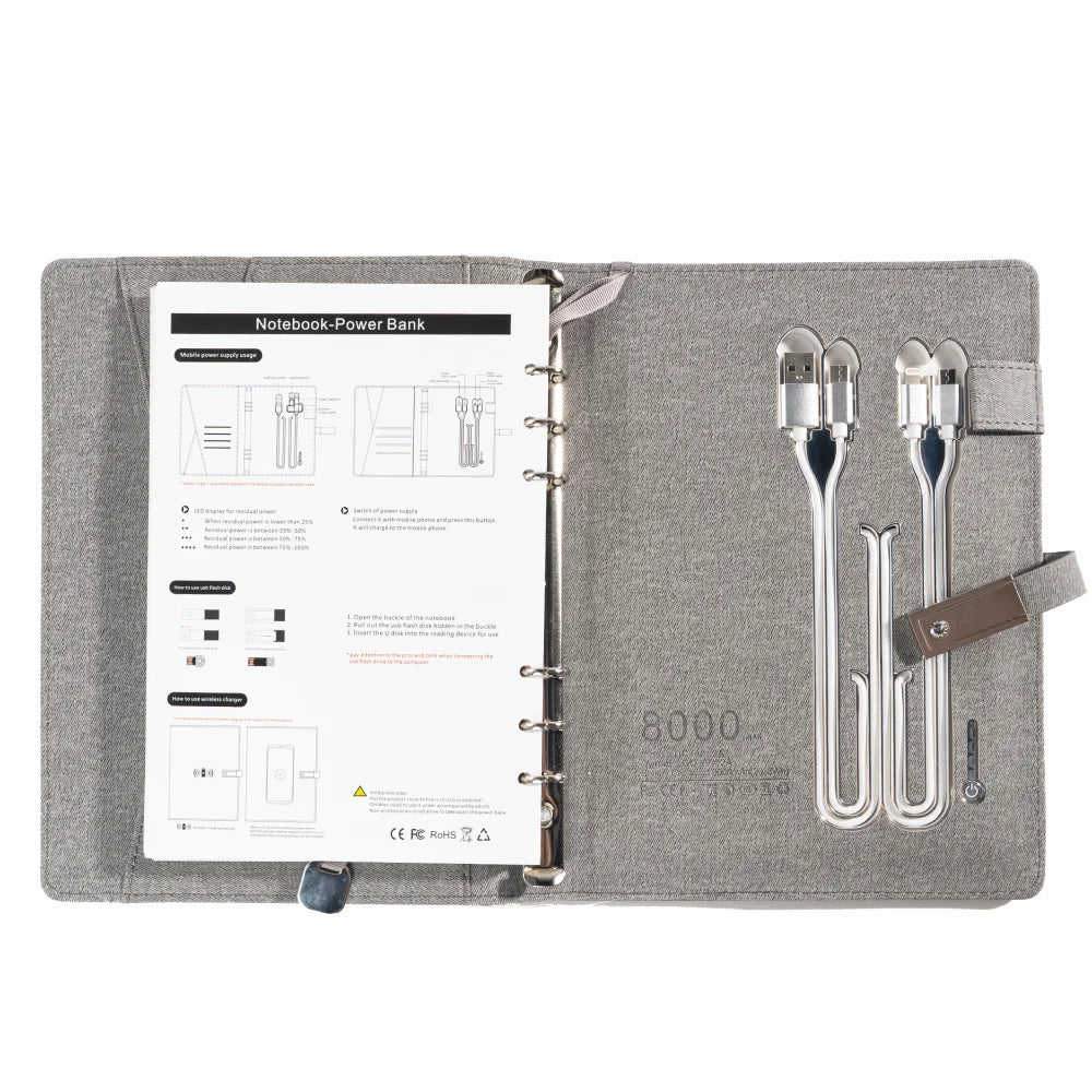 Grey Wireless Charging Notebook with USB Drive, 3-in-1 Cable, Card Slots & Document Pocket, A5 Planner for Business Use