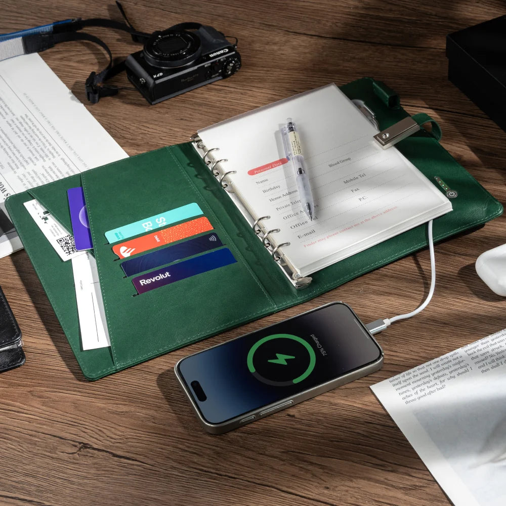A5 Leather Notebook with built-in Power Bank, wireless charging,  3-in-1 charging Cable. Portable Journal for Business, Travel