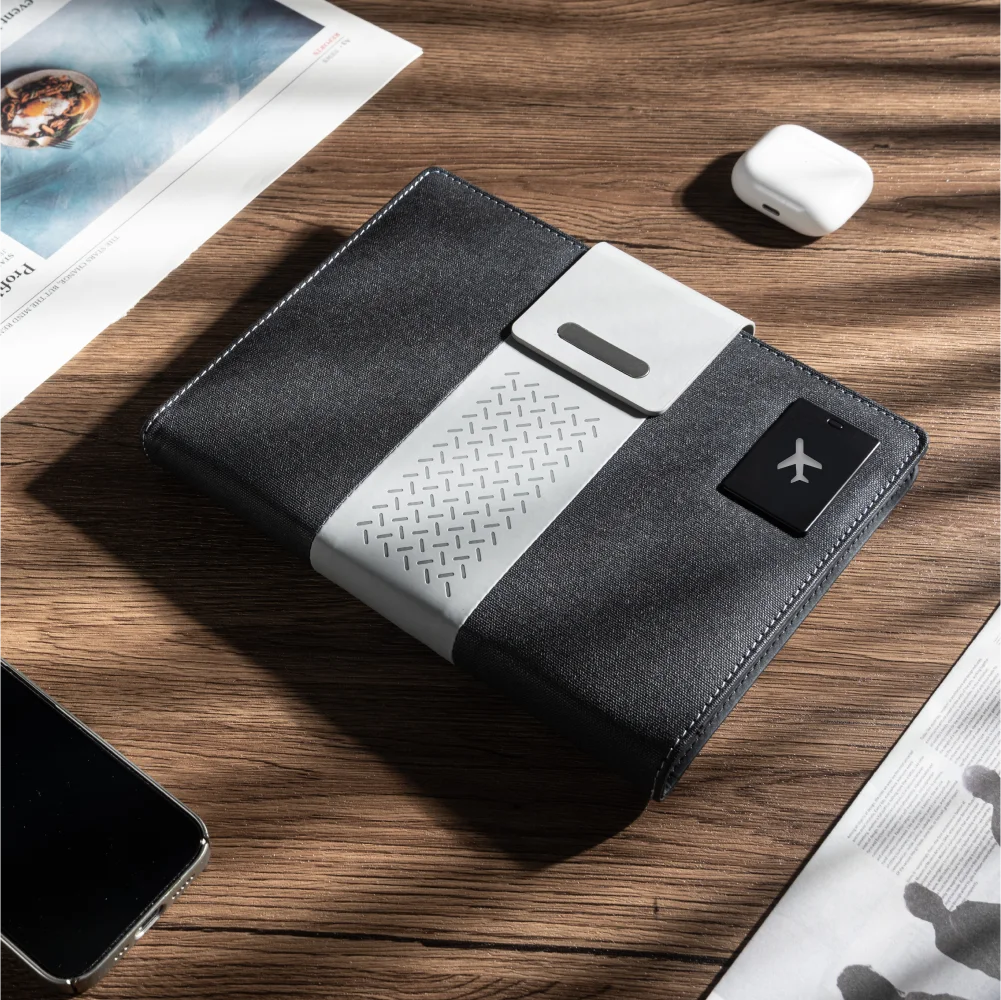 A5 Charging Notebook with Waistband Cover Design, 3-in-1 Cable, 8000mAh Power Bank, Card Slots and Document Pocket