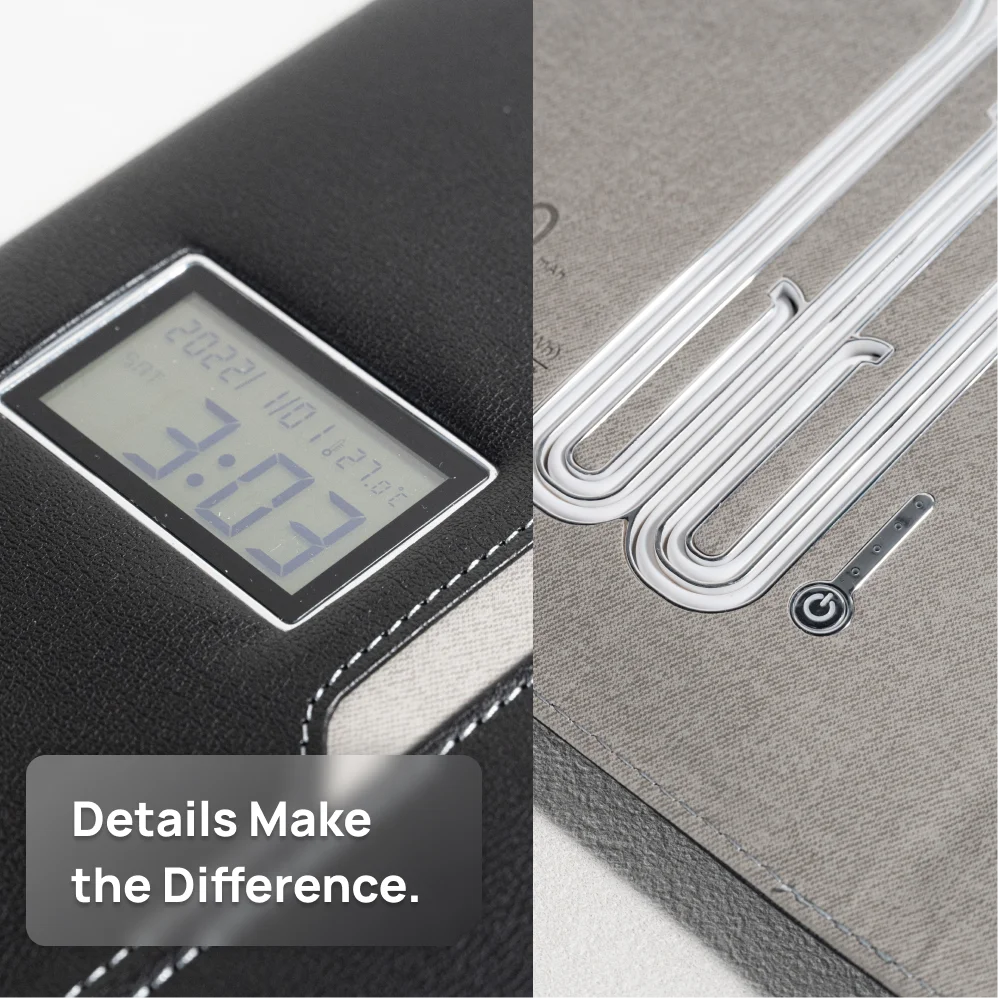 A5 Wireless Charging Notebook with Digital Clock, PU Leather Cover, 3-in-1 Cable and Card Slots for Office or Travel Use