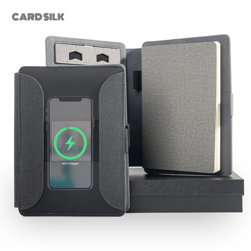 Wireless Charging Business Folder Notebook with Phone Stand and Clock, A5 Planner Organizer for Office Men