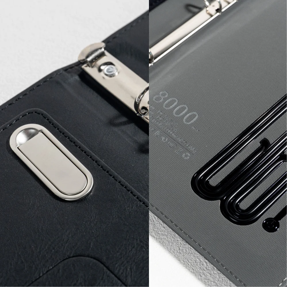 A5 Power Bank Notebook with LED Logo Cover, Wireless Charging, Foldable Phone Stand, USB Drive and 8000mAh Battery