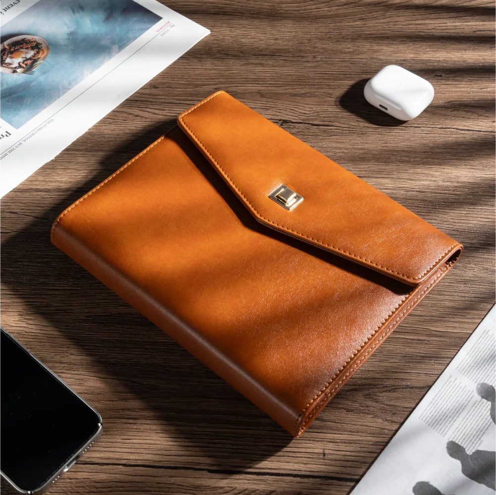Envelope-Style A5 Charging Notebook with  Leather Cover, 3-in-1 Cable, Card Slots, Document Pocket and Premium Paper