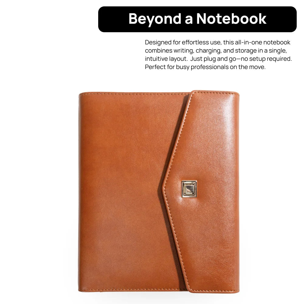 Envelope-Style A5 Charging Notebook with  Leather Cover, 3-in-1 Cable, Card Slots, Document Pocket and Premium Paper