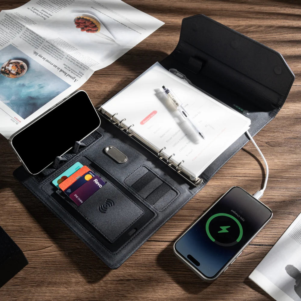 A5 Power Bank Notebook with LED Logo Cover, Wireless Charging, Foldable Phone Stand, USB Drive and 8000mAh Battery