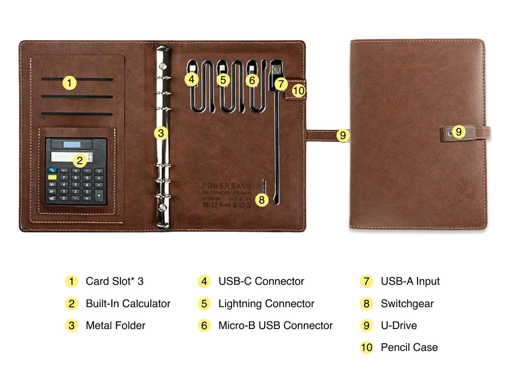 Brown Leather Notebook with built-in Power Bank, Calculator, USB Drive, 3-in-1 Charging Cable, A5 Journal Perfect for Business