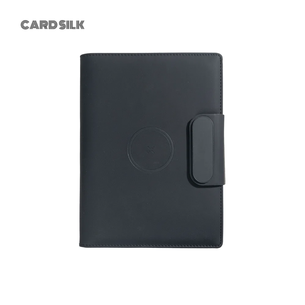A5 Wireless Charging Notebook with PU Leather Cover, 3-in-1 Cable, Document Pocket and Foldable Phone Stand