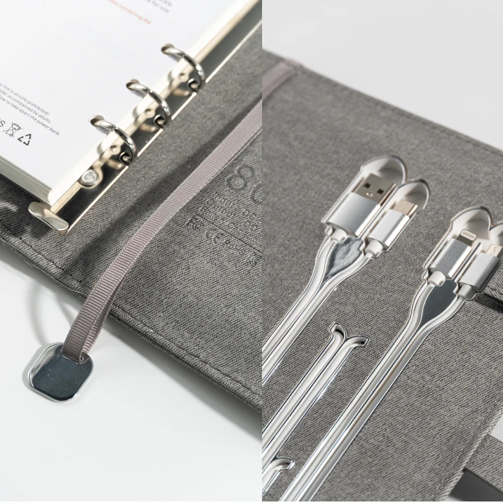 Grey Wireless Charging Notebook with USB Drive, 3-in-1 Cable, Card Slots & Document Pocket, A5 Planner for Business Use