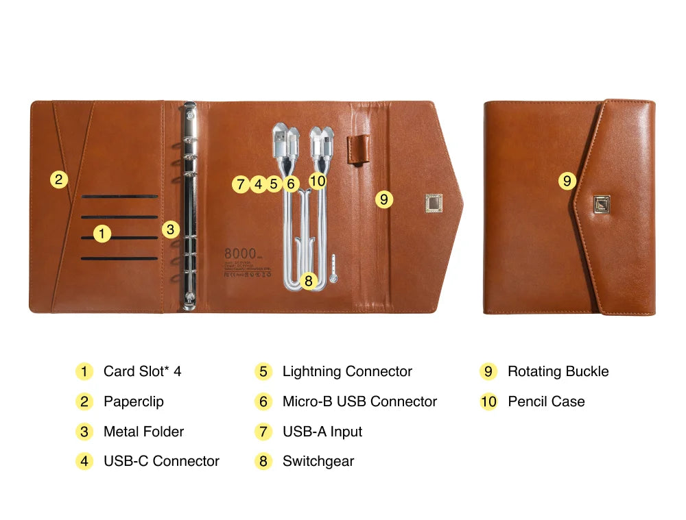 Envelope-Style A5 Charging Notebook with  Leather Cover, 3-in-1 Cable, Card Slots, Document Pocket and Premium Paper