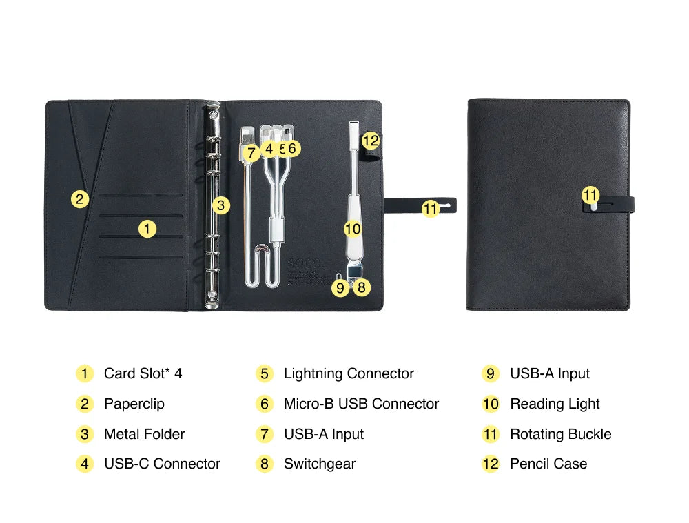 A5 Charging Notebook with Built-in 3-in-1 Cable, Night Light, PU Leather Cover, Card Slots and Document Pocket