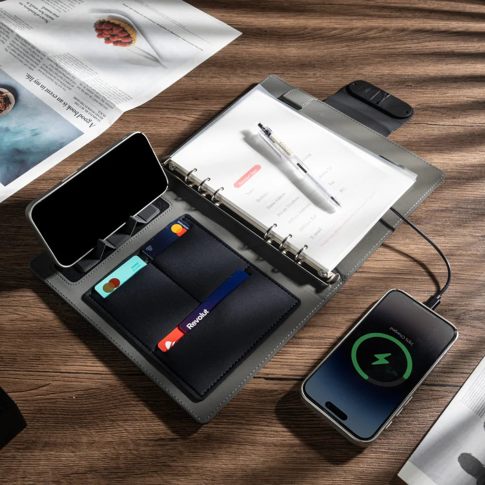 A5 Wireless Charging Notebook with PU Leather Cover, 3-in-1 Cable, Document Pocket and Foldable Phone Stand