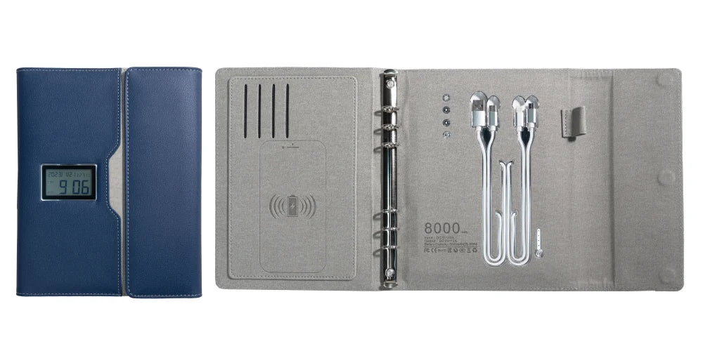 A5 Wireless Charging Notebook with Digital Clock, PU Leather Cover, 3-in-1 Cable and Card Slots for Office or Travel Use