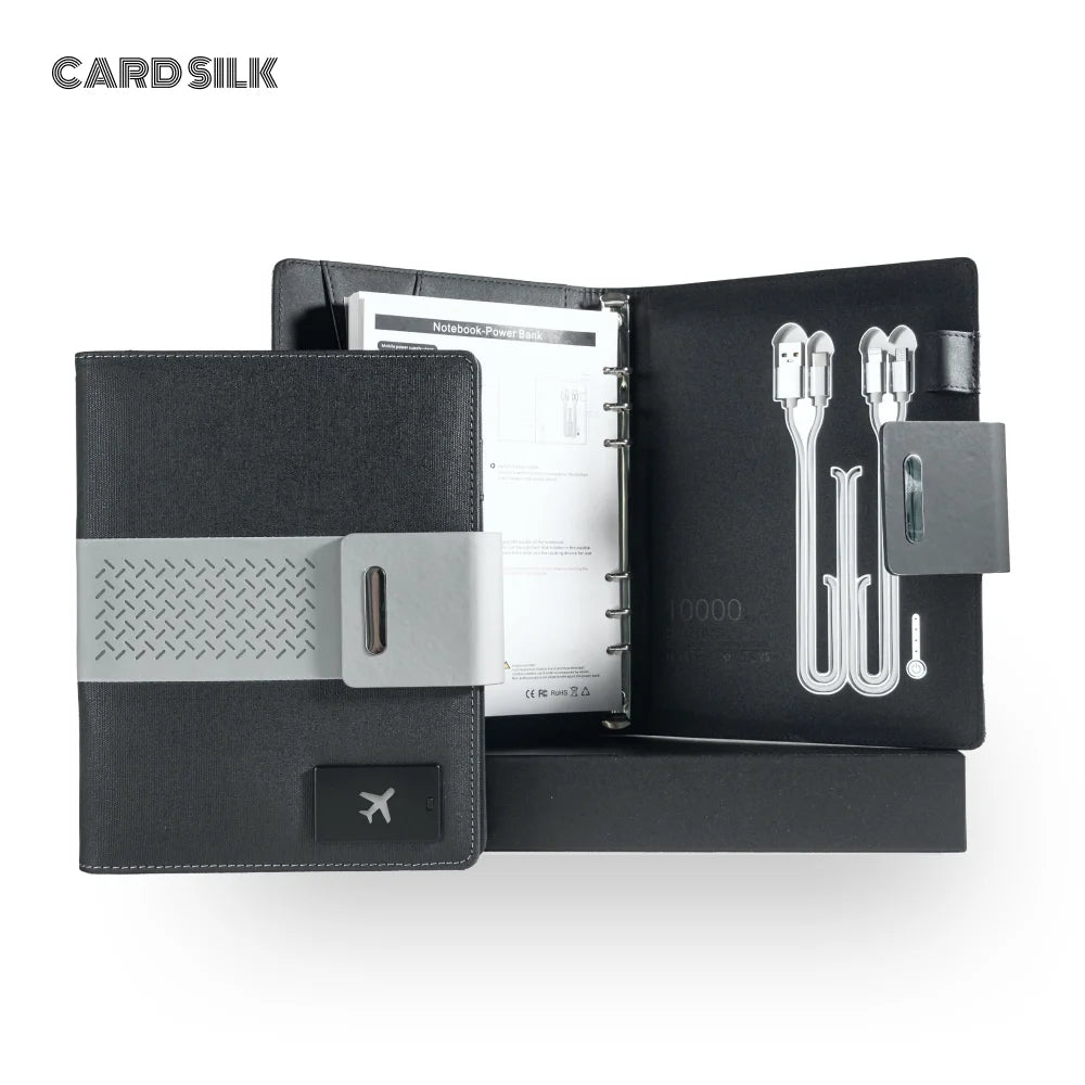 A5 Charging Notebook with Waistband Cover Design, 3-in-1 Cable, 8000mAh Power Bank, Card Slots and Document Pocket