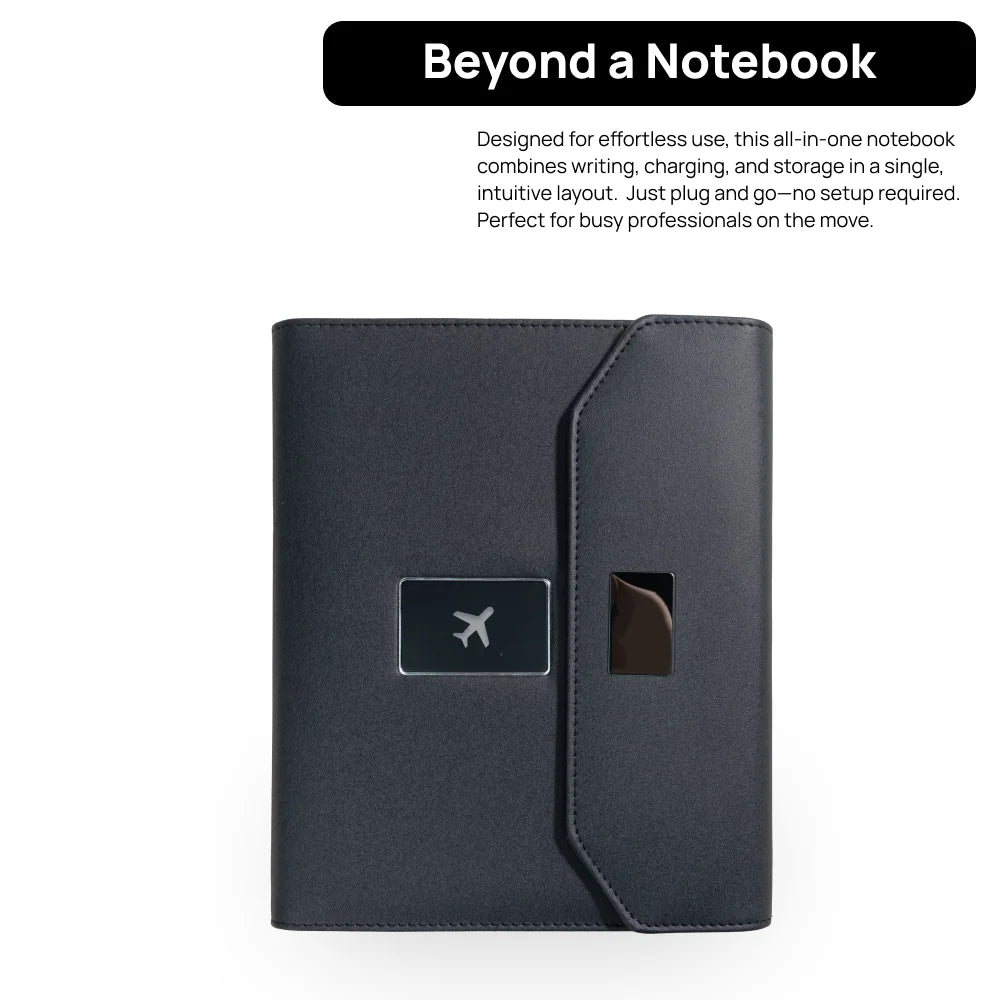 A5 Power Bank Notebook with LED Logo Cover, Wireless Charging, Foldable Phone Stand, USB Drive and 8000mAh Battery