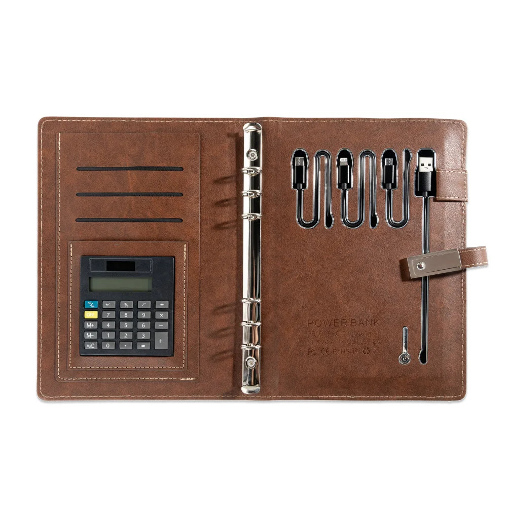 Brown Leather Notebook with built-in Power Bank, Calculator, USB Drive, 3-in-1 Charging Cable, A5 Journal Perfect for Business