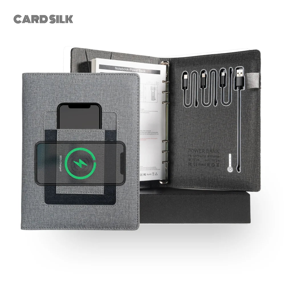 Gift for Travel or Graduation – 6-Ring Wireless Charging Notebook with Card Holder for Office or School Use