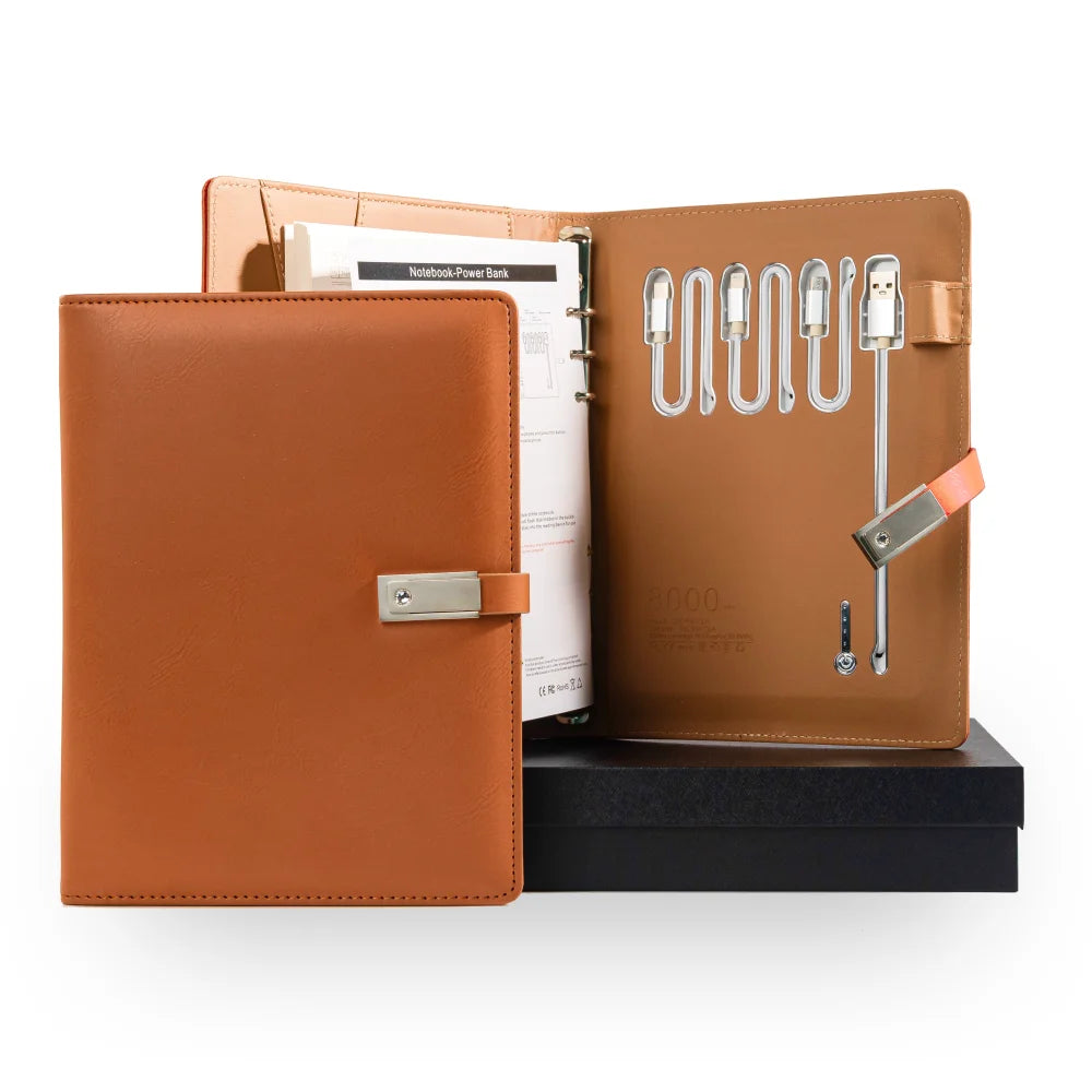 Leather Notebook with Built-in Power Bank, USB Drive, 3-in-1 Charging Cable, and A5 Planner Perfect for Business, Travel, Gift
