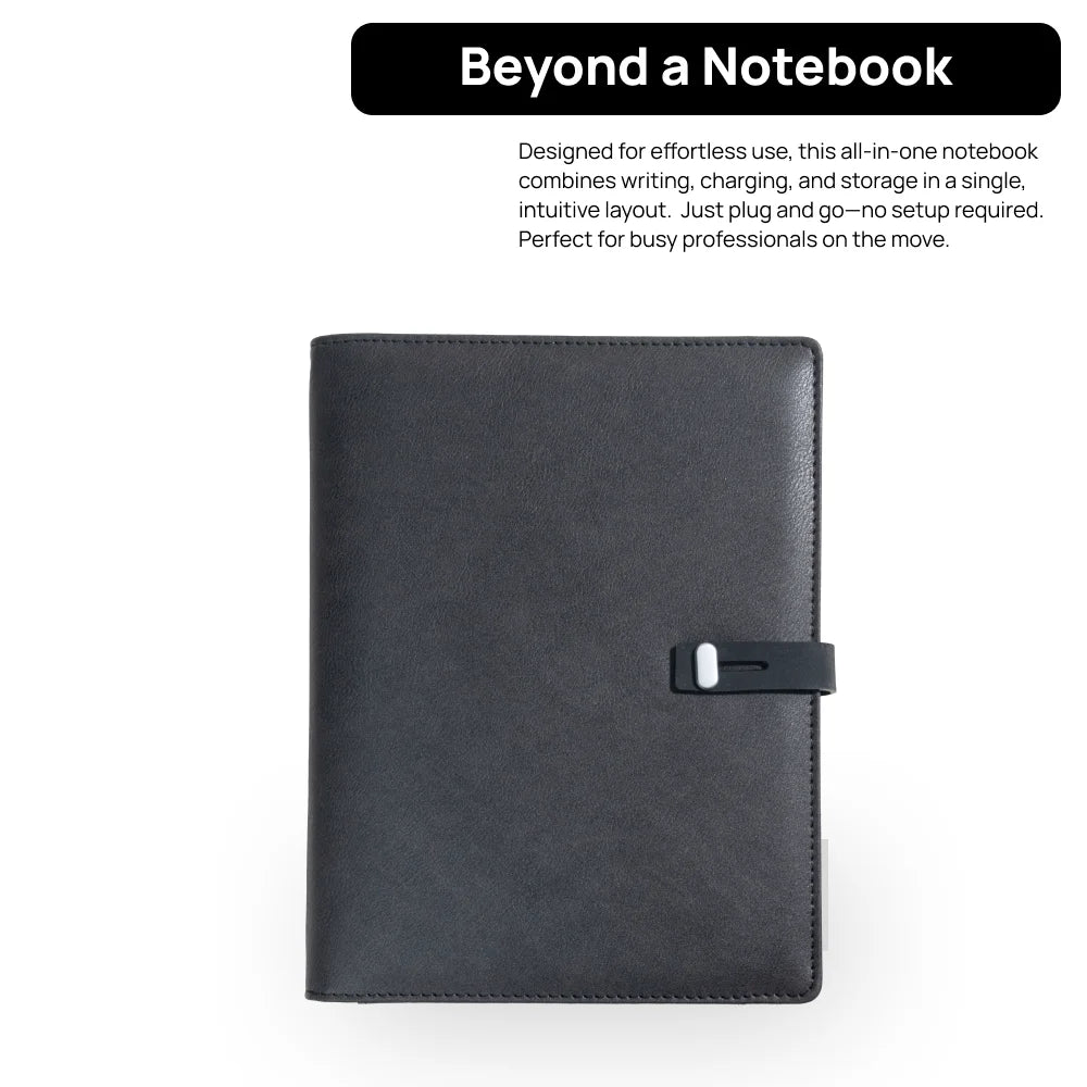 A5 Charging Notebook with Built-in 3-in-1 Cable, Night Light, PU Leather Cover, Card Slots and Document Pocket