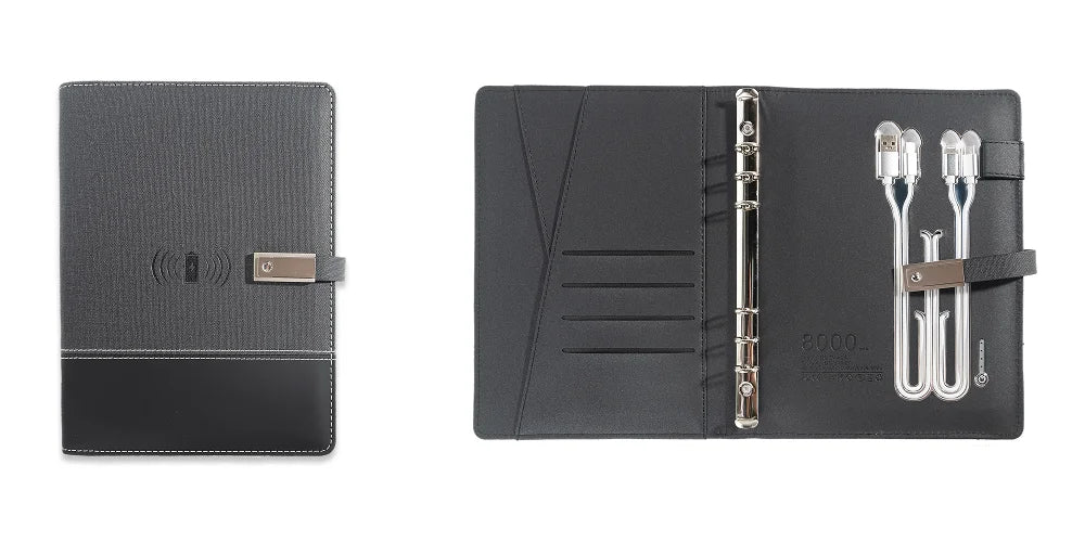 A5 Notebook with built-in Power Bank, wireless Charging, 3-in-1 charging cable, USB drive,  Multifunction Journal for Office