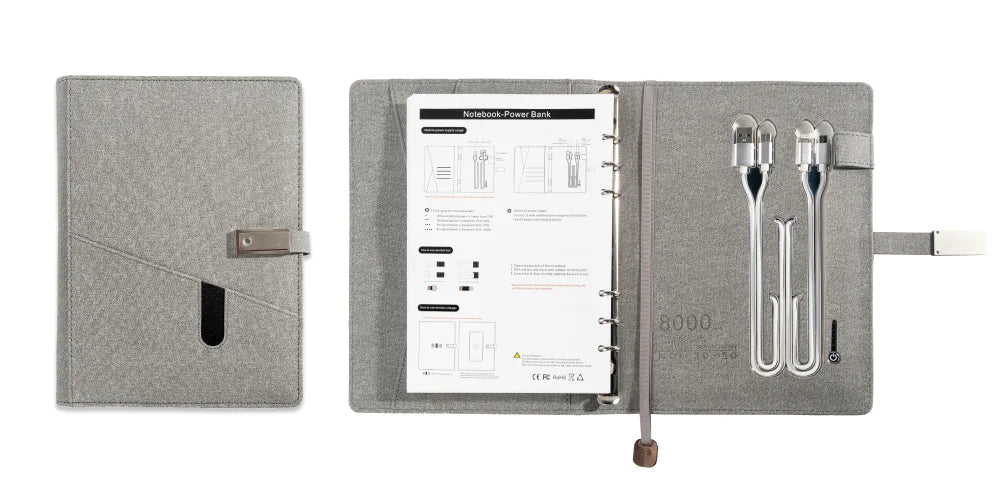 Grey Wireless Charging Notebook with USB Drive, 3-in-1 Cable, Card Slots & Document Pocket, A5 Planner for Business Use