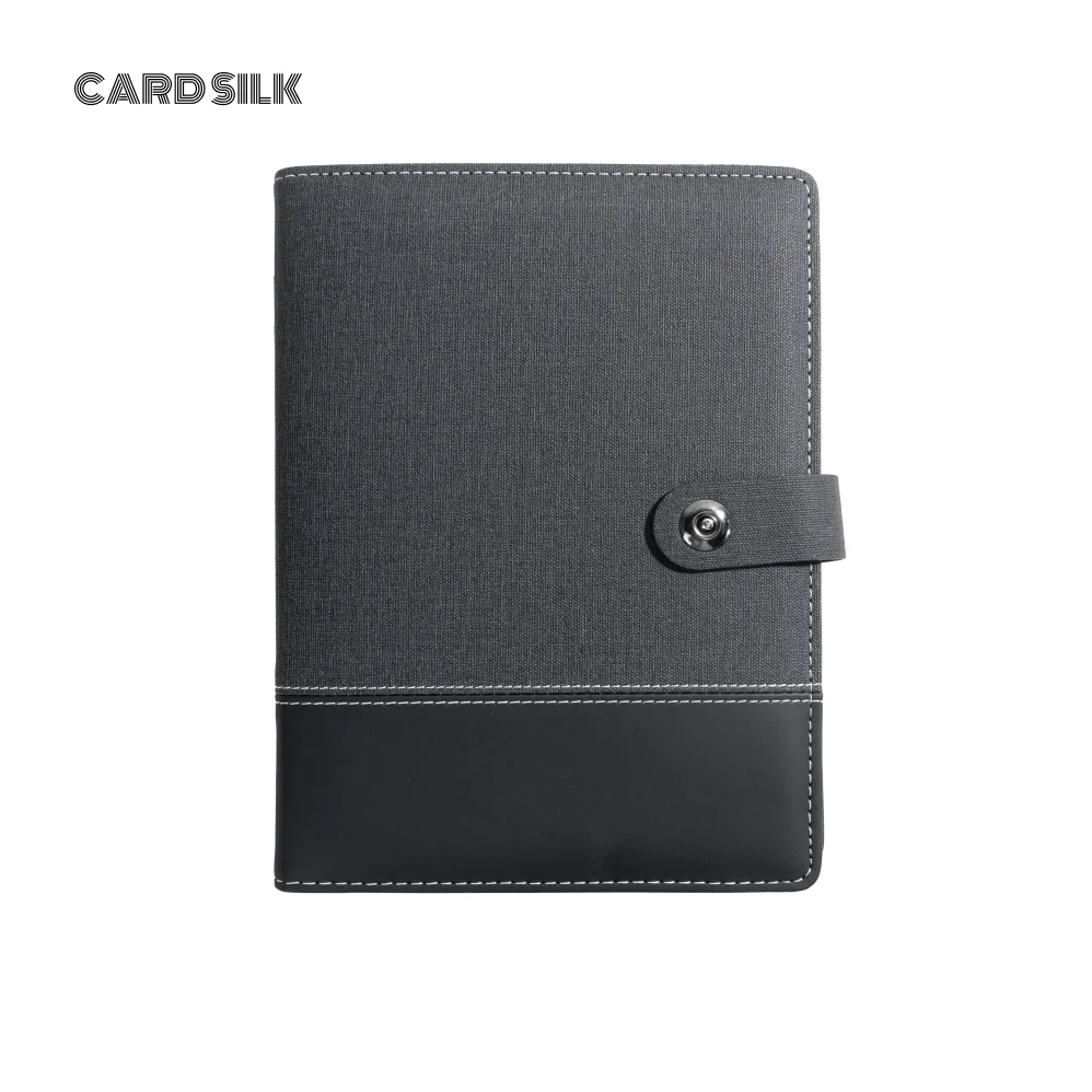A5 Charging Notebook with Linen and Leather Cover, 3-in-1 Cable, Card Slots, Document Pocket and Premium Paper for Business Trav