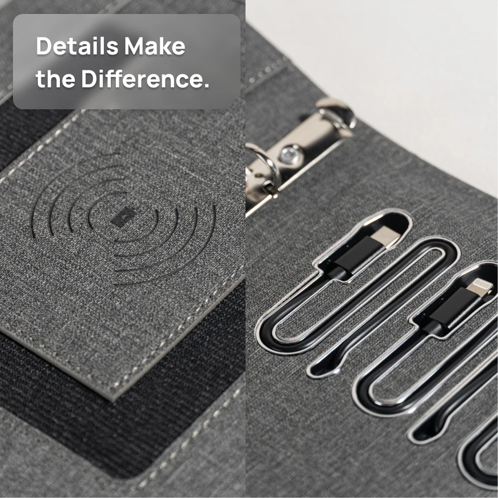 Gift for Travel or Graduation – 6-Ring Wireless Charging Notebook with Card Holder for Office or School Use