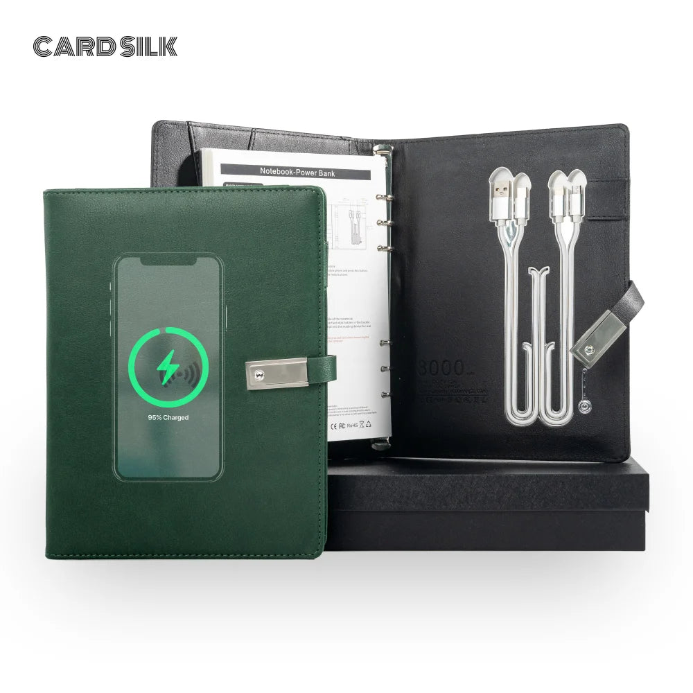 A5 Leather Notebook with built-in Power Bank, wireless charging,  3-in-1 charging Cable. Portable Journal for Business, Travel