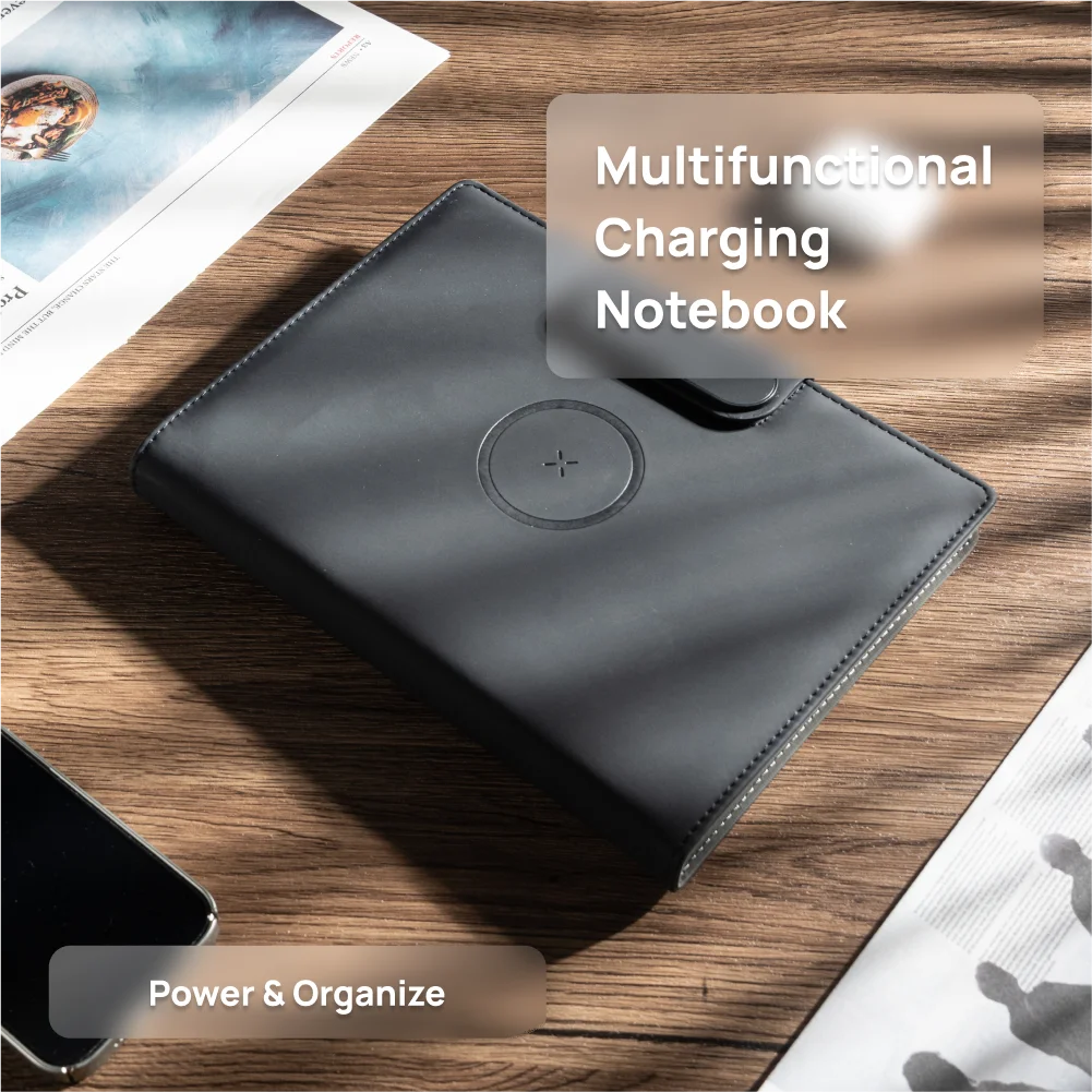 A5 Wireless Charging Notebook with PU Leather Cover, 3-in-1 Cable, Document Pocket and Foldable Phone Stand
