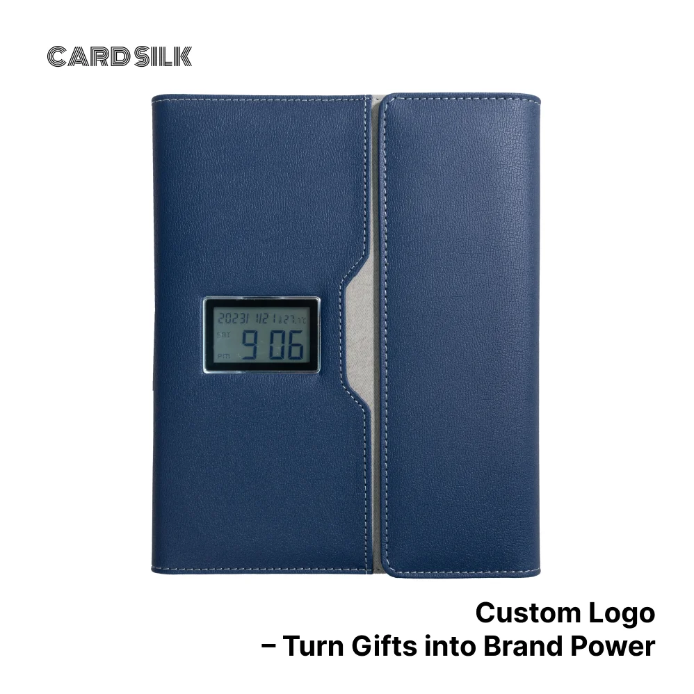 A5 Wireless Charging Notebook with Digital Clock, PU Leather Cover, 3-in-1 Cable and Card Slots for Office or Travel Use