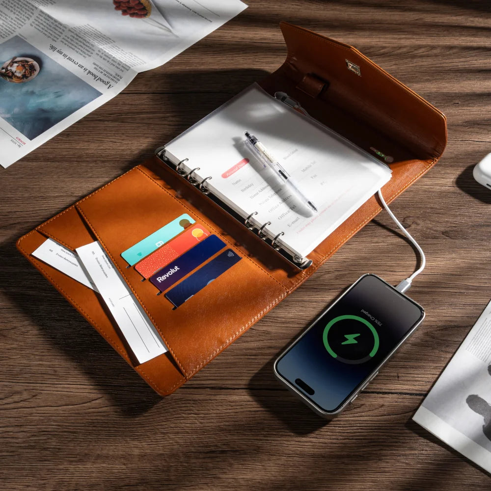Envelope-Style A5 Charging Notebook with  Leather Cover, 3-in-1 Cable, Card Slots, Document Pocket and Premium Paper