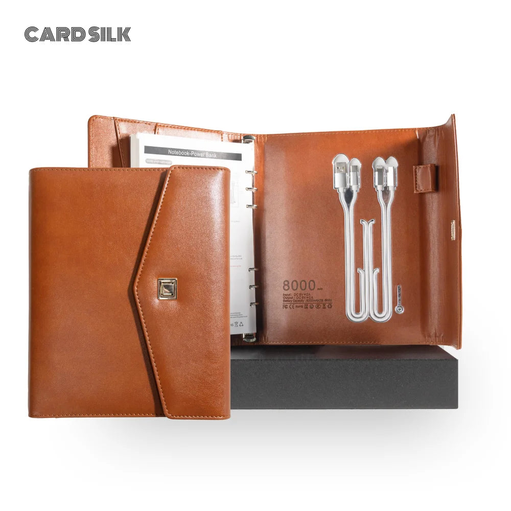 Envelope-Style A5 Charging Notebook with  Leather Cover, 3-in-1 Cable, Card Slots, Document Pocket and Premium Paper