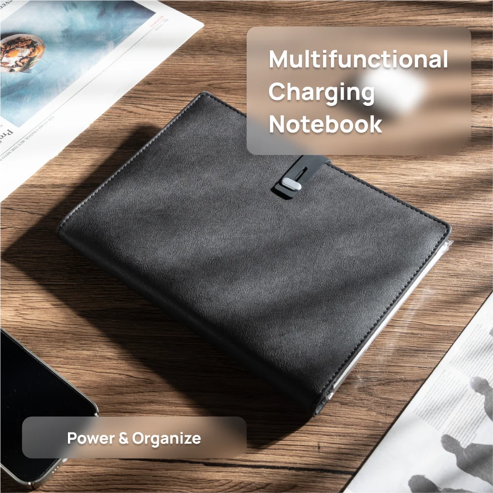 A5 Charging Notebook with Built-in 3-in-1 Cable, Night Light, PU Leather Cover, Card Slots and Document Pocket