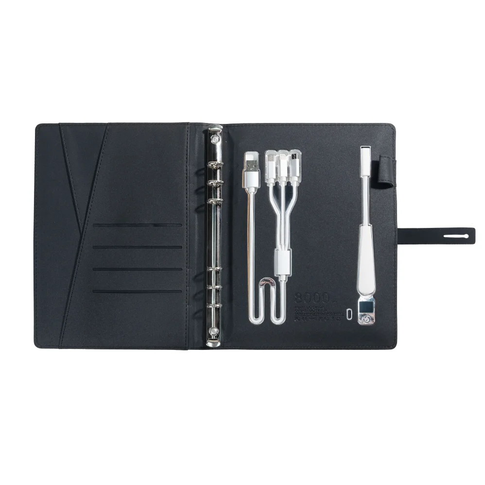A5 Charging Notebook with Built-in 3-in-1 Cable, Night Light, PU Leather Cover, Card Slots and Document Pocket