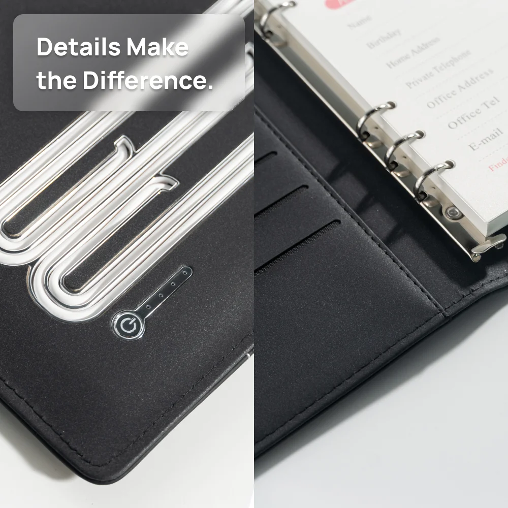 A5 Notebook with built-in Power Bank, wireless Charging, 3-in-1 charging cable, Table light, USB drive.  Journal for Office.