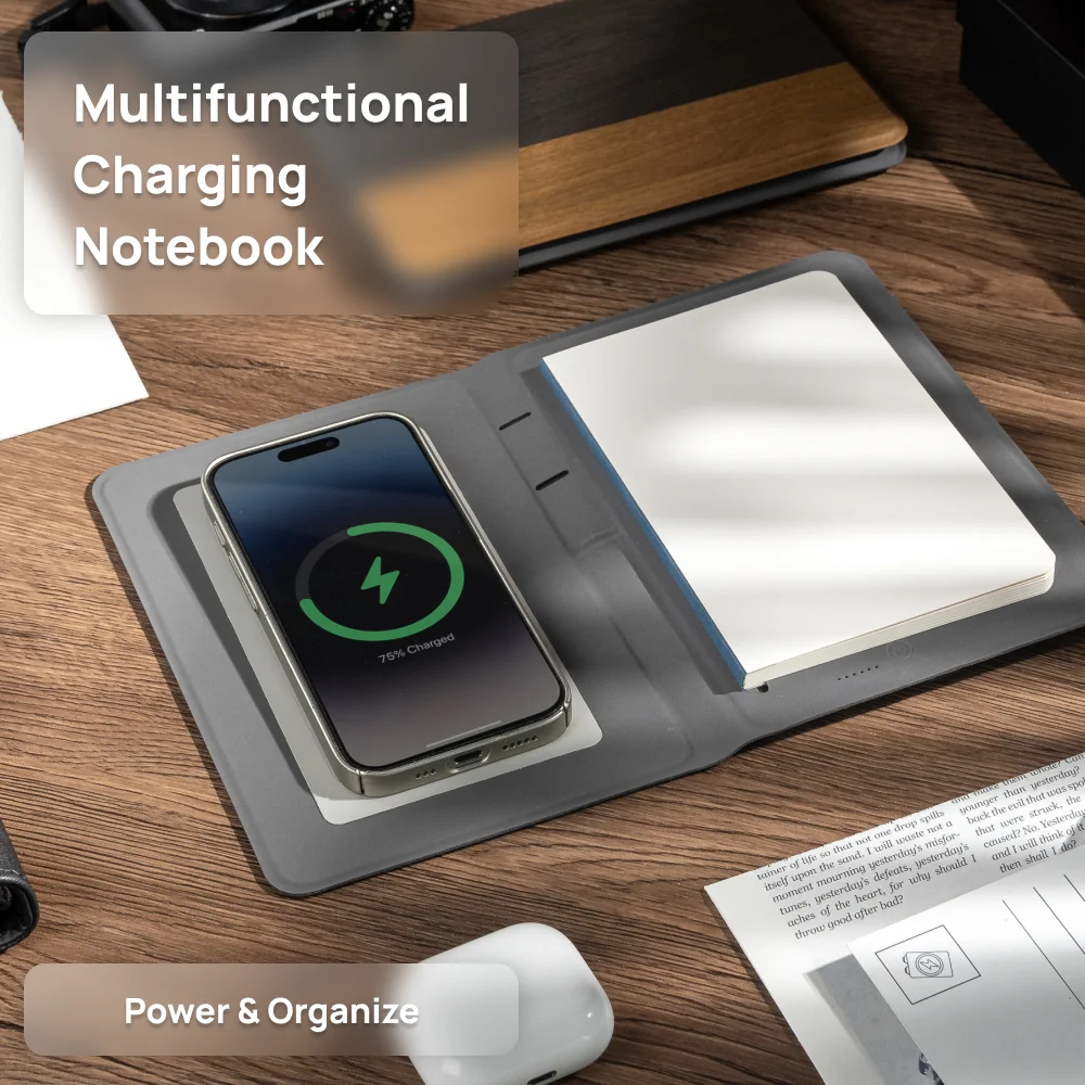 Ultra Slim Wireless Charging Notebook with Hidden Phone Stand, B5 Portable Planner for Work and Travel
