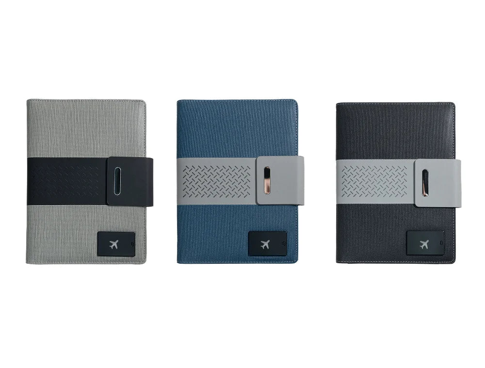A5 Charging Notebook with Waistband Cover Design, 3-in-1 Cable, 8000mAh Power Bank, Card Slots and Document Pocket
