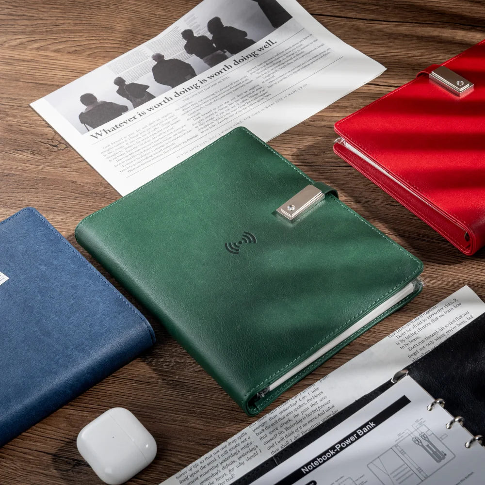 A5 Leather Notebook with built-in Power Bank, wireless charging,  3-in-1 charging Cable. Portable Journal for Business, Travel