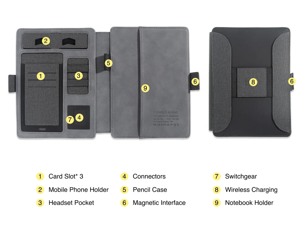 Wireless Charging Business Folder Notebook with Phone Stand and Clock, A5 Planner Organizer for Office Men