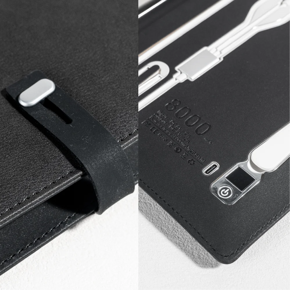 A5 Charging Notebook with Built-in 3-in-1 Cable, Night Light, PU Leather Cover, Card Slots and Document Pocket