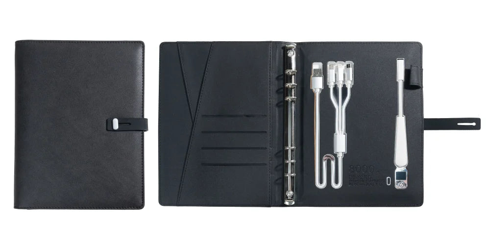 A5 Charging Notebook with Built-in 3-in-1 Cable, Night Light, PU Leather Cover, Card Slots and Document Pocket