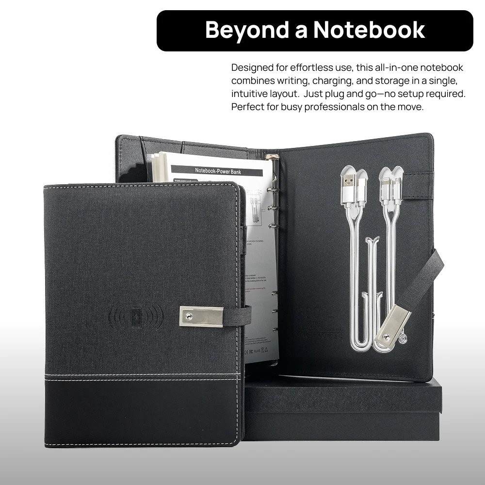 A5 Notebook with built-in Power Bank, wireless Charging, 3-in-1 charging cable, USB drive,  Multifunction Journal for Office