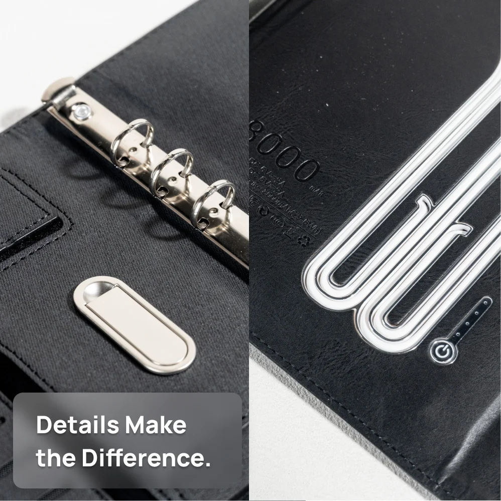 A5 Charging Notebook with Waistband Cover Design, 3-in-1 Cable, 8000mAh Power Bank, Card Slots and Document Pocket