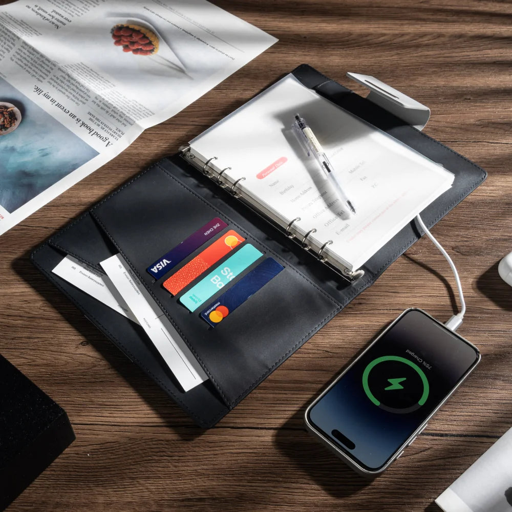 A5 Charging Notebook with Waistband Cover Design, 3-in-1 Cable, 8000mAh Power Bank, Card Slots and Document Pocket