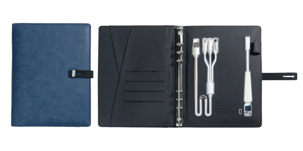 A5 Charging Notebook with Built-in 3-in-1 Cable, Night Light, PU Leather Cover, Card Slots and Document Pocket
