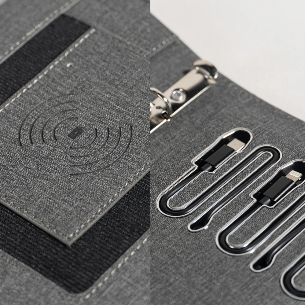 Gift for Travel or Graduation – 6-Ring Wireless Charging Notebook with Card Holder for Office or School Use