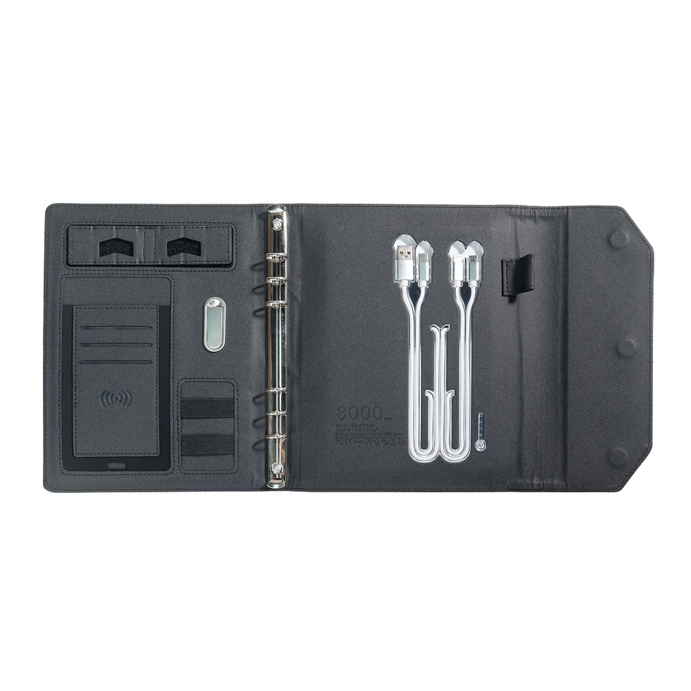 A5 Power Bank Notebook with LED Logo Cover, Wireless Charging, Foldable Phone Stand, USB Drive and 8000mAh Battery