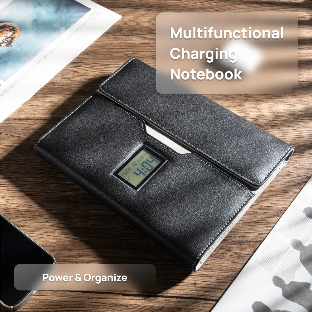 A5 Wireless Charging Notebook with Digital Clock, PU Leather Cover, 3-in-1 Cable and Card Slots for Office or Travel Use