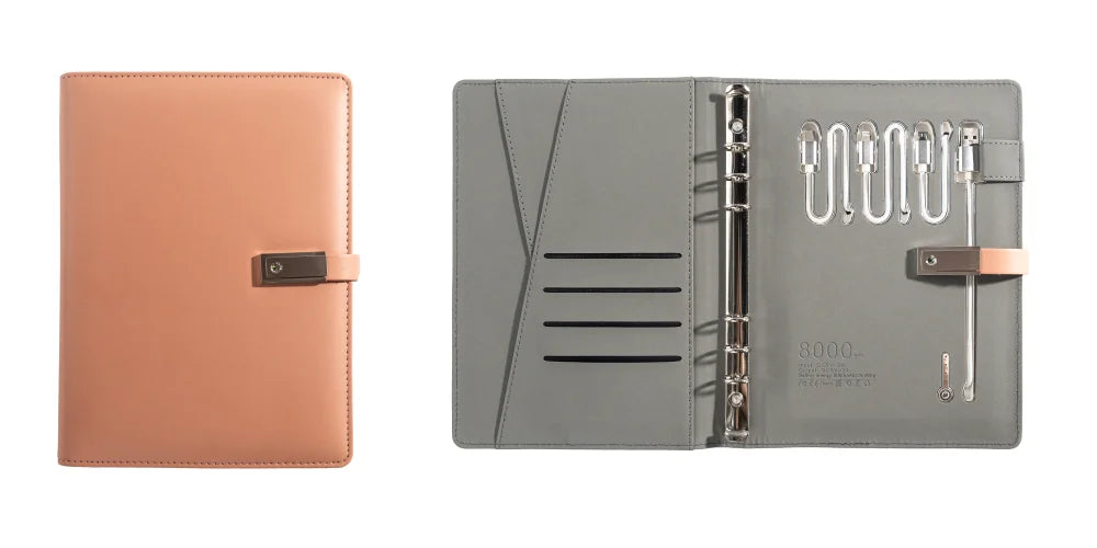 Leather Notebook with Built-in Power Bank, USB Drive, 3-in-1 Charging Cable, and A5 Planner Perfect for Business, Travel, Gift